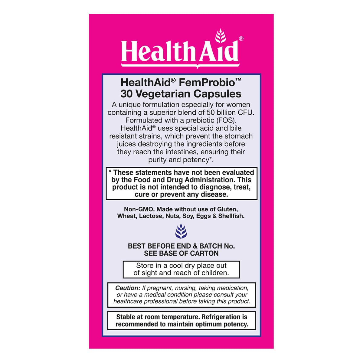 HealthAid FemProbio label close-up highlighting ingredients and prebiotic fiber