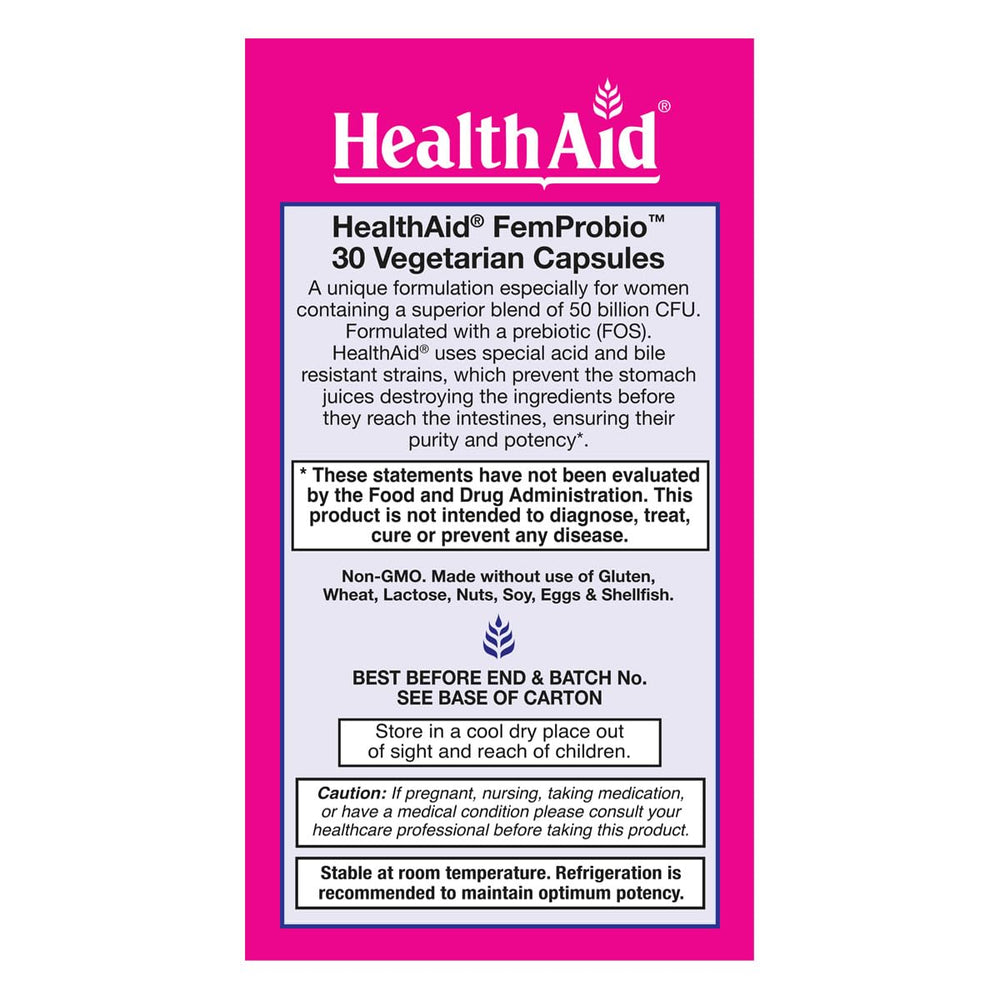 HealthAid FemProbio label close-up highlighting ingredients and prebiotic fiber