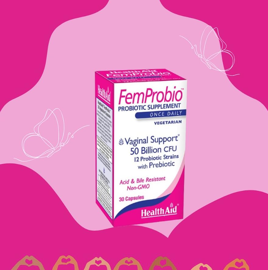 HealthAid FemProbio capsules pouring out of bottle for daily use