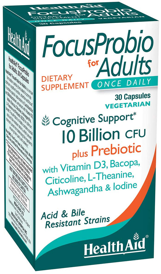 HealthAid FocusProbio adults bottle showing 10B CFU probiotic capsules.