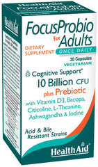 HealthAid FocusProbio adults bottle showing 10B CFU probiotic capsules.
