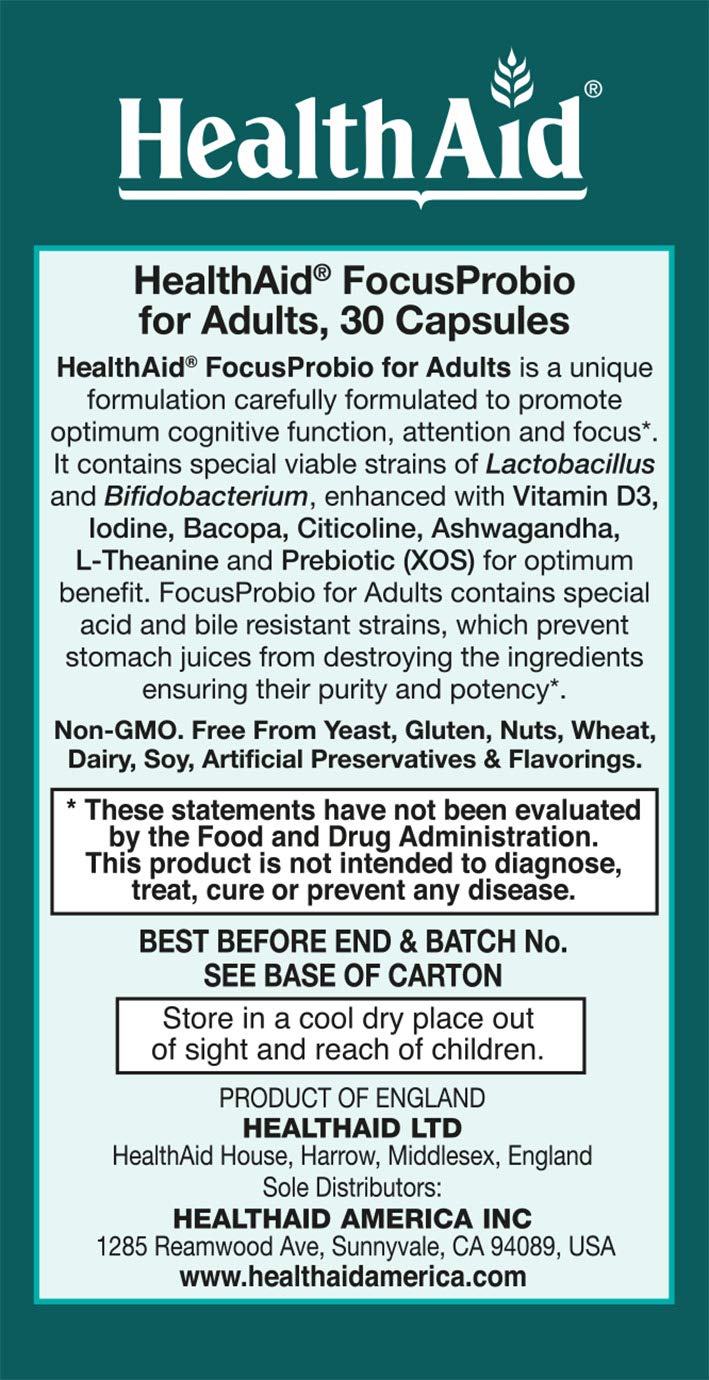 HealthAid FocusProbio adults capsules emphasizing brain-supporting ingredients.