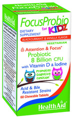 HealthAid FocusProbio Kidz bottle front, tasty chewables supporting digestion and focus.