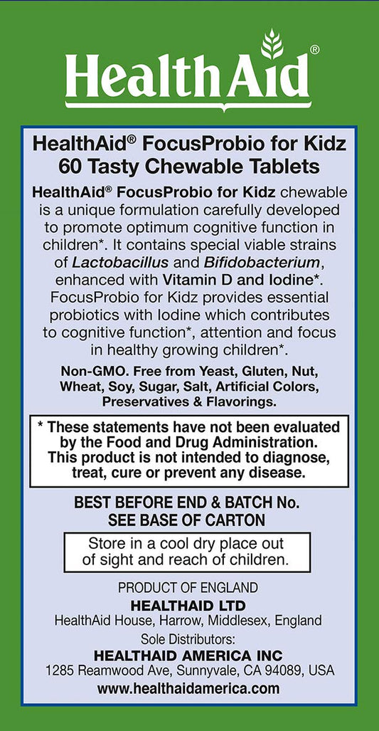 HealthAid FocusProbio Kidz chewables close-up, convenient on-the-go support for attention.