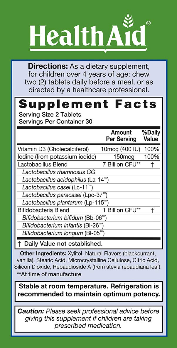 HealthAid FocusProbio Kidz vanilla flavor chewables, featuring Vitamin D and iodine for daily nutrient support.