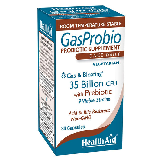 HealthAid GasProbio bottle front view showing 30 vegetarian capsules for daily balance.