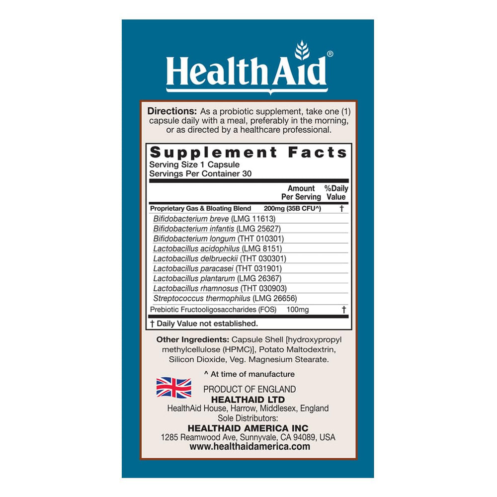 HealthAid GasProbio capsules close-up highlighting the acid and bile resistant design for gut delivery.
