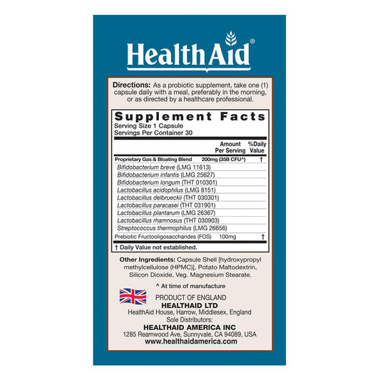HealthAid GasProbio capsules close-up highlighting the acid and bile resistant design for gut delivery.