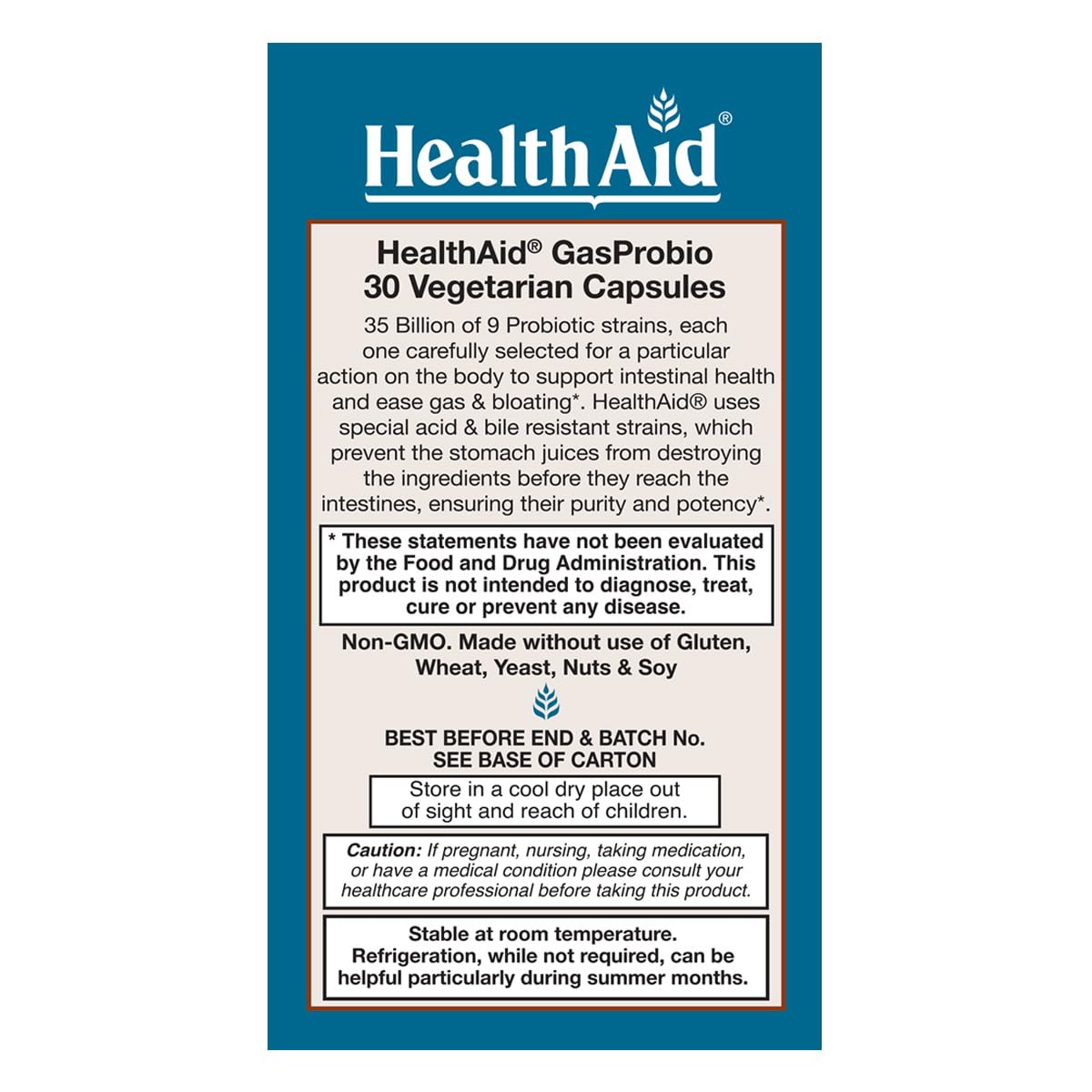 HealthAid GasProbio label back showing 9 strains and prebiotic FOS benefits.