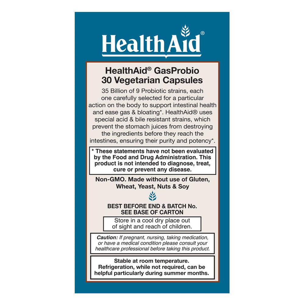 HealthAid GasProbio label back showing 9 strains and prebiotic FOS benefits.