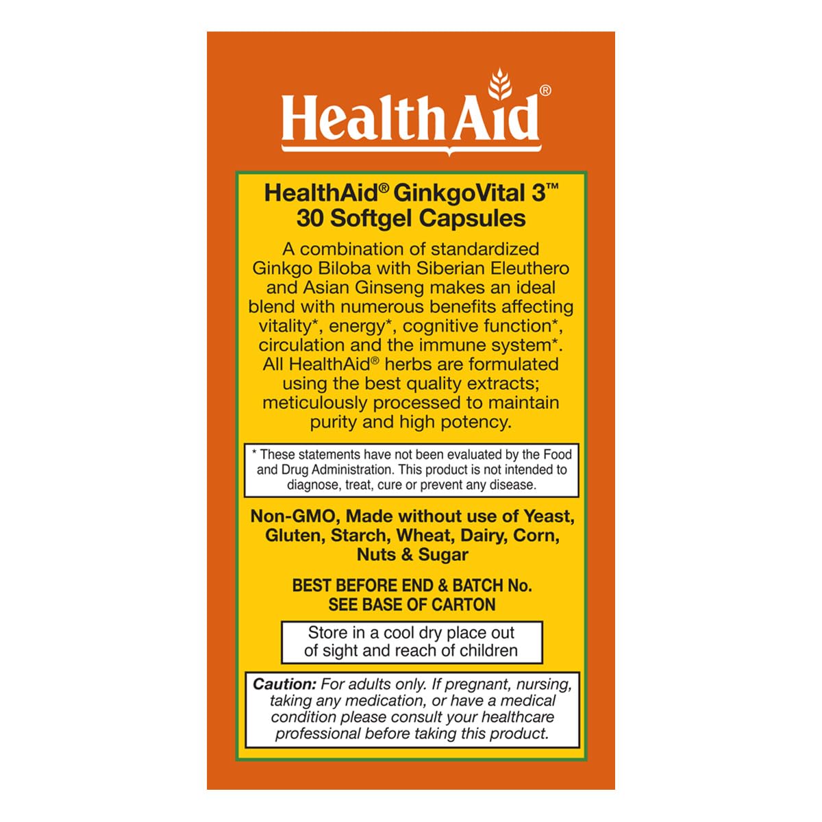 HealthAid Ginkgo Vital 3 softgel capsules — may promote healthy circulation during activity.