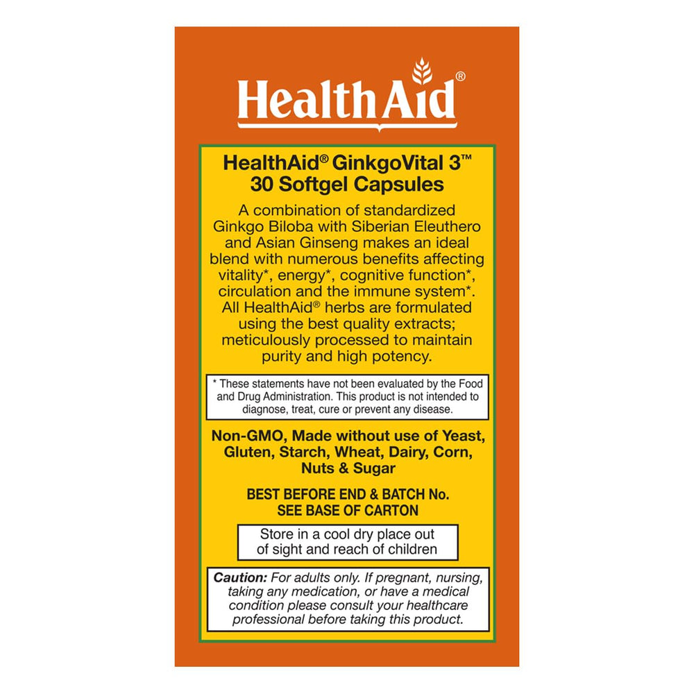 HealthAid Ginkgo Vital 3 softgel capsules — may promote healthy circulation during activity.