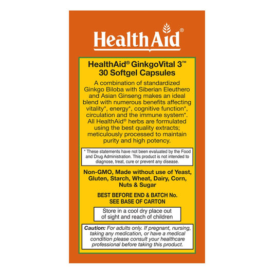 HealthAid Ginkgo Vital 3 softgel capsules — may promote healthy circulation during activity.