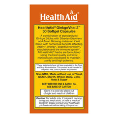 HealthAid Ginkgo Vital 3 softgel capsules — may promote healthy circulation during activity.
