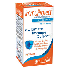 HealthAid Immuprotect ingredient graphic featuring maitake, propolis, astragalus for holistic wellness.