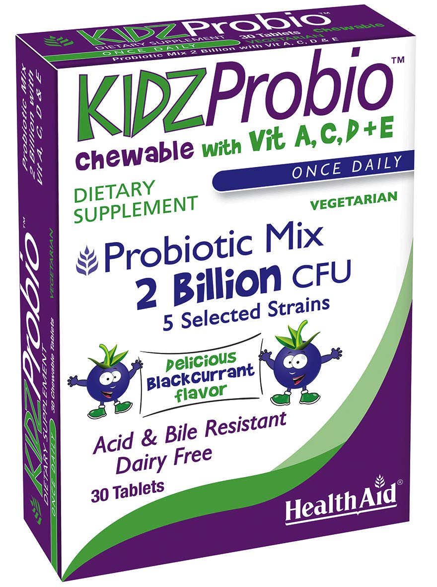 HealthAid KidzProbio chewable blackcurrant bottle promoting kid-friendly probiotic support.