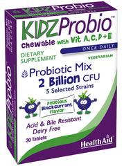 HealthAid KidzProbio chewable blackcurrant bottle promoting kid-friendly probiotic support.