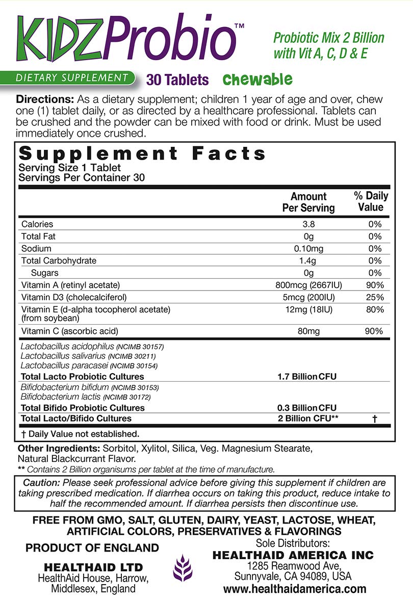 HealthAid KidzProbio chewable tablets close-up highlighting blackcurrant flavor.