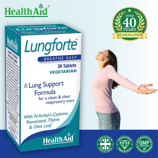 HealthAid LungForte tablets closeup highlighting antioxidants for respiratory health