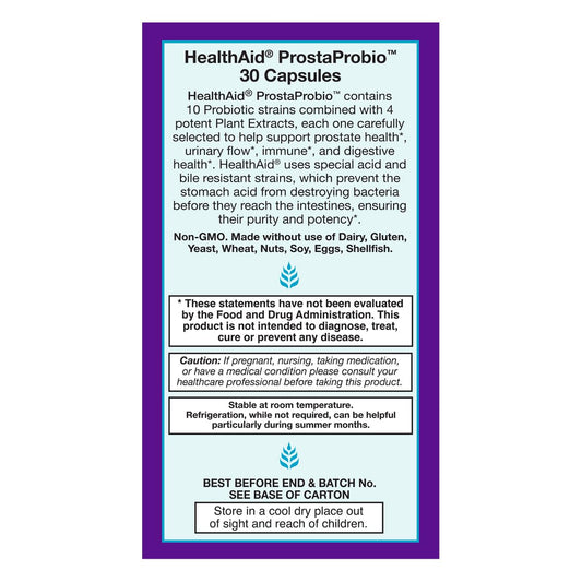 HealthAid ProstaProbio bottle label showing packaging for urinary health.