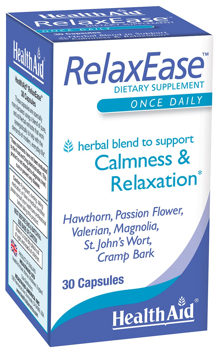 HealthAid RelaxEase bottle front promoting evening calm with herbal blend
