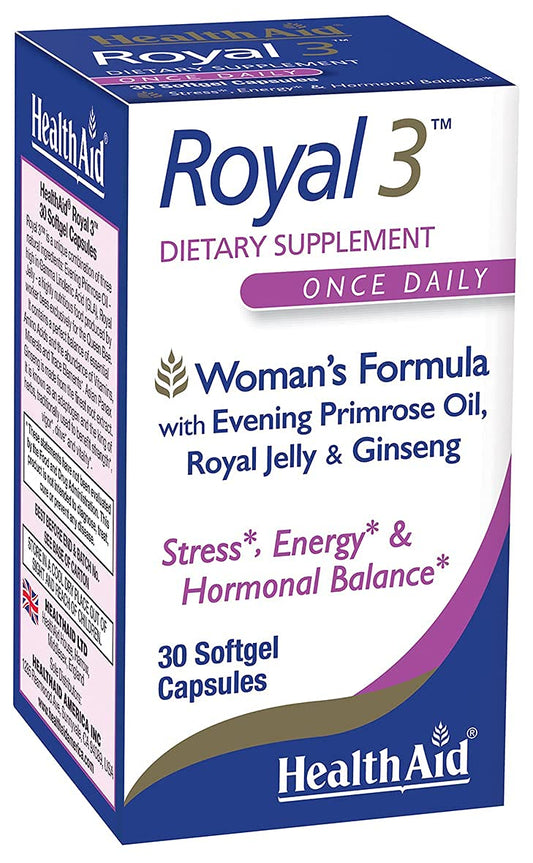 HealthAid Royal 3 bottle and capsules for convenient daily wellness support.
