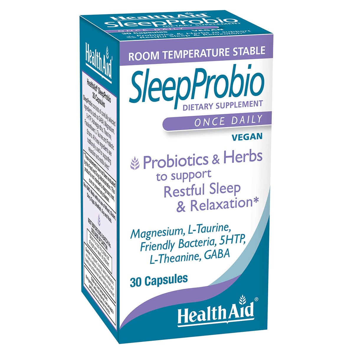 HealthAid SleepProbio bottle close-up highlighting vegan sleep support.