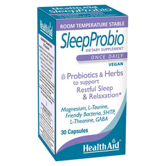 HealthAid SleepProbio bottle close-up highlighting vegan sleep support.