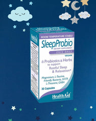 HealthAid SleepProbio capsules being poured for convenient daily use.