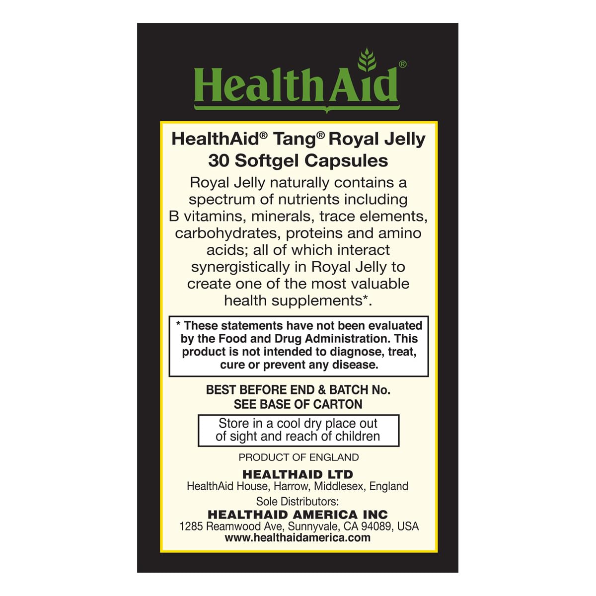 HealthAid Tang Royal Jelly 1000mg label highlights England origin and ingredients.