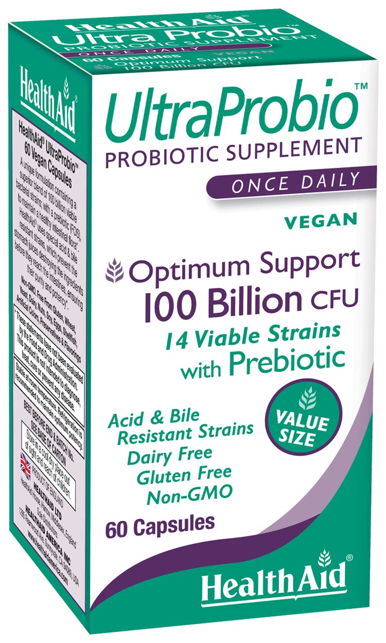 HealthAid UltraProbio bottle front view showing 100 Billion CFU capsules for daily gut balance.