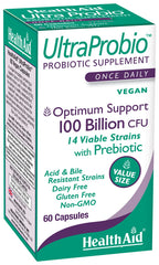 HealthAid UltraProbio bottle front view showing 100 Billion CFU capsules for daily gut balance.