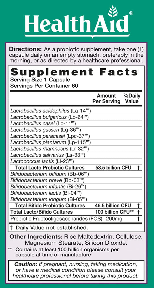 HealthAid UltraProbio capsules close-up highlighting acid and bile resistant formula for intestinal delivery.