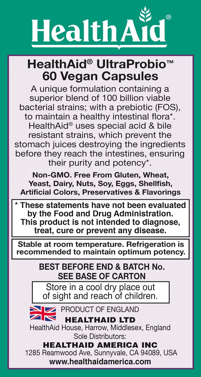 HealthAid UltraProbio label shows 14 strains with prebiotic FOS for healthy gut flora.