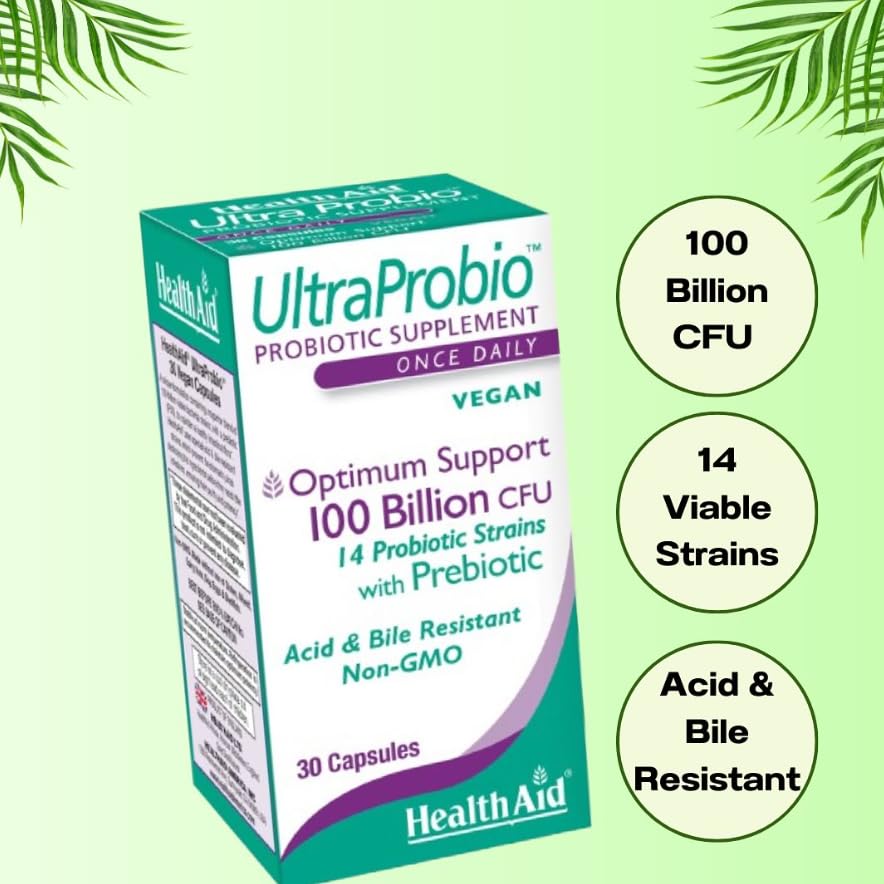 HealthAid UltraProbio packaging emphasizes product of England and premium quality.