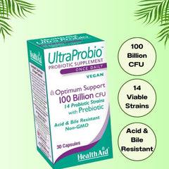 HealthAid UltraProbio packaging emphasizes product of England and premium quality.