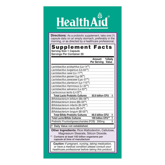 HealthAid UltraProbio viable strains 14 types illustrated for gut diversity.