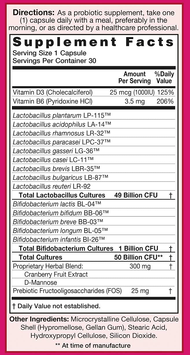 HealthAid UriProbio bottle back label with cranberry and D-Mannose.