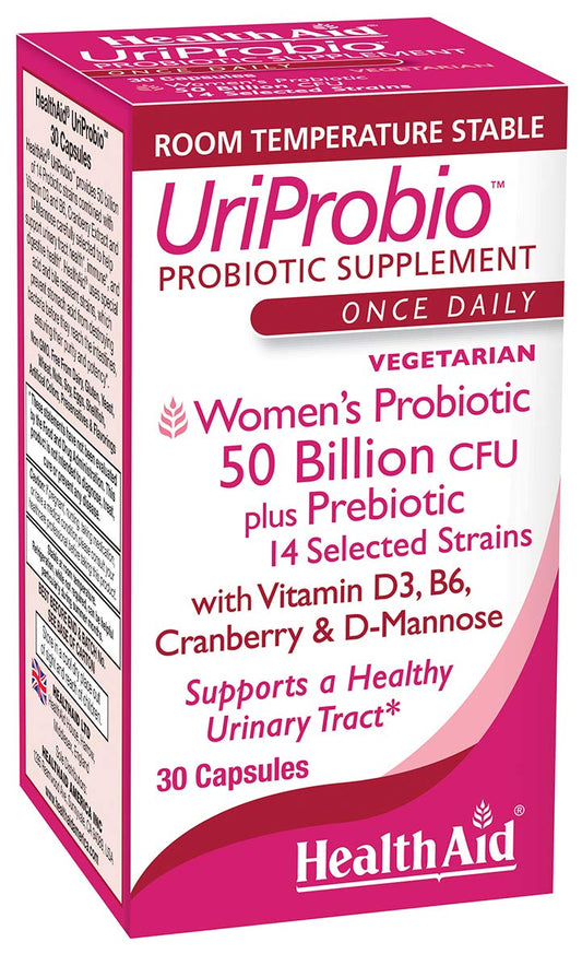 HealthAid UriProbio bottle front showing 50 Billion CFU for feminine gut balance.