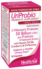 HealthAid UriProbio bottle front showing 50 Billion CFU for feminine gut balance.