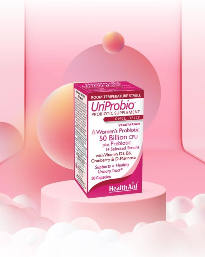 HealthAid UriProbio outer packaging box emphasizing vegan, non-GMO formula.