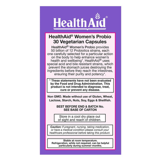 HealthAid Women's Probiotic bottle image showing easy daily use and portability.