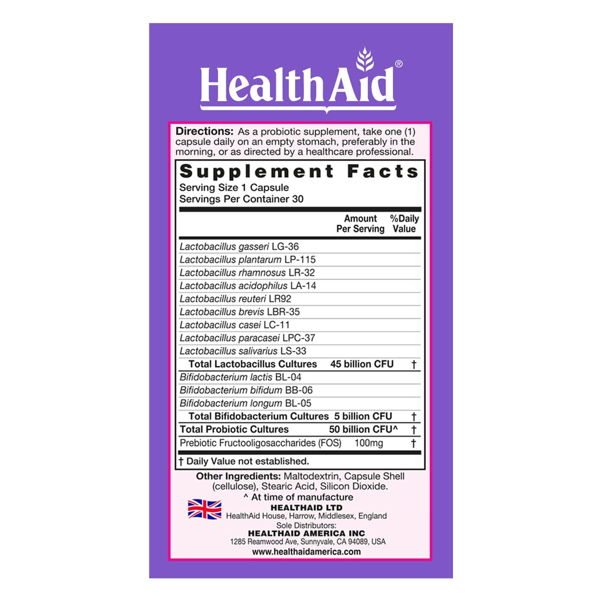 HealthAid Women's Probiotic with prebiotic FOS packaging highlighting gut health benefits.