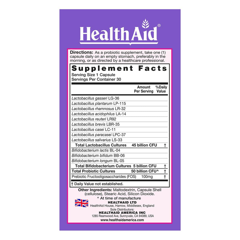 HealthAid Women's Probiotic with prebiotic FOS packaging highlighting gut health benefits.