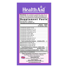 HealthAid Women's Probiotic with prebiotic FOS packaging highlighting gut health benefits.