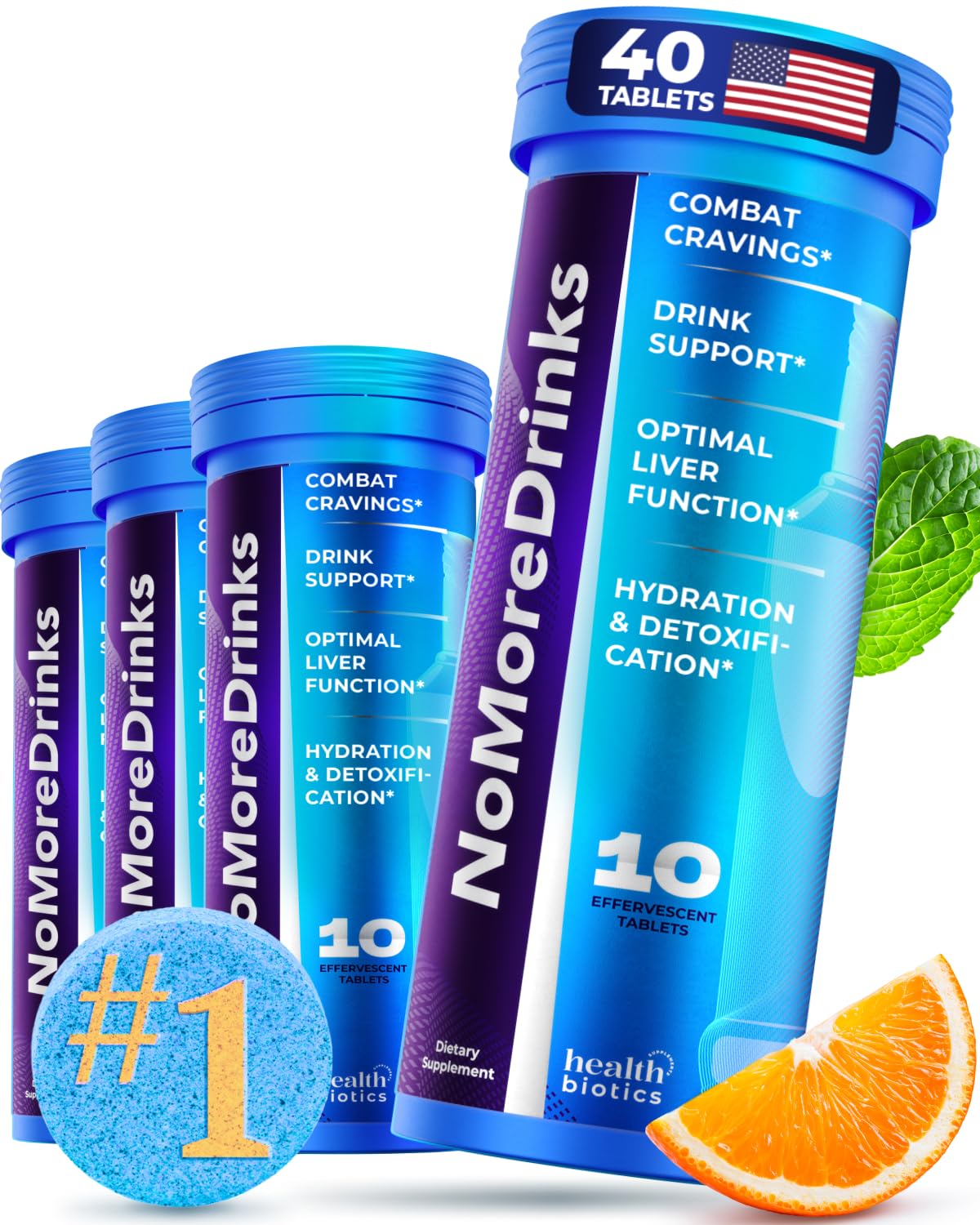 Healthbiotics NoMoreDrinks bottle front view showing craving support