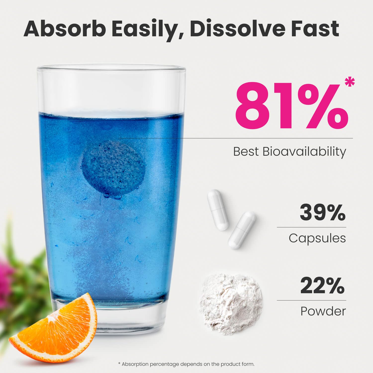 Healthbiotics NoMoreDrinks tablet close-up emphasizes fast-acting craving relief.