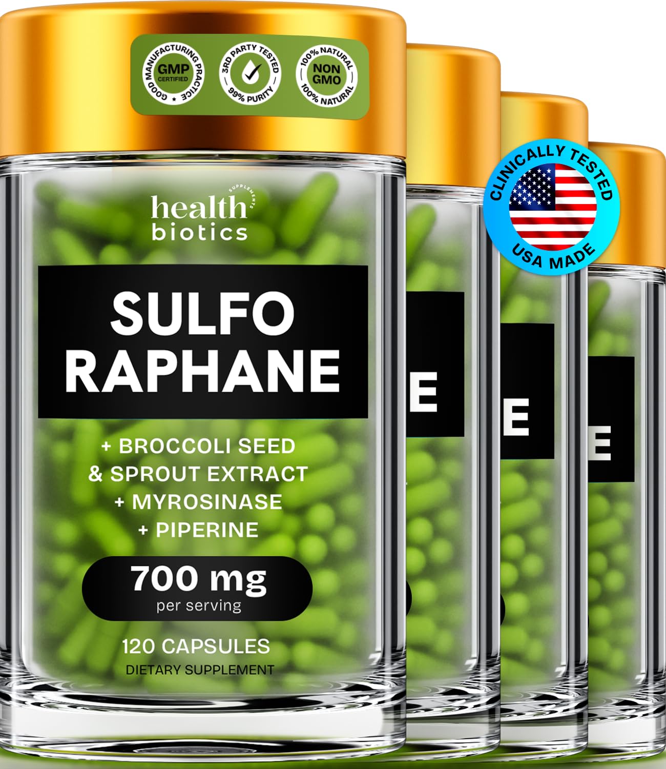 Healthbiotics Sulforaphane bottle front view, supports daily detox and mood clarity.