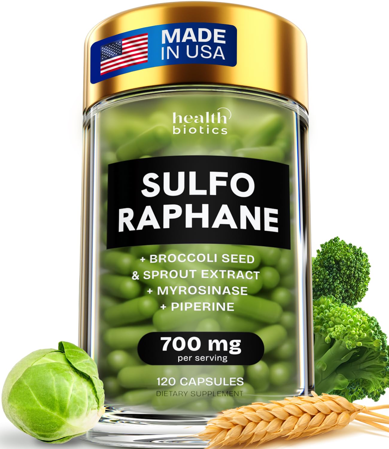 Healthbiotics sulforaphane bottle for daily detox and energy potential.