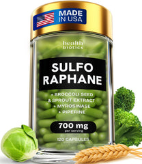 Healthbiotics sulforaphane bottle for daily detox and energy potential.